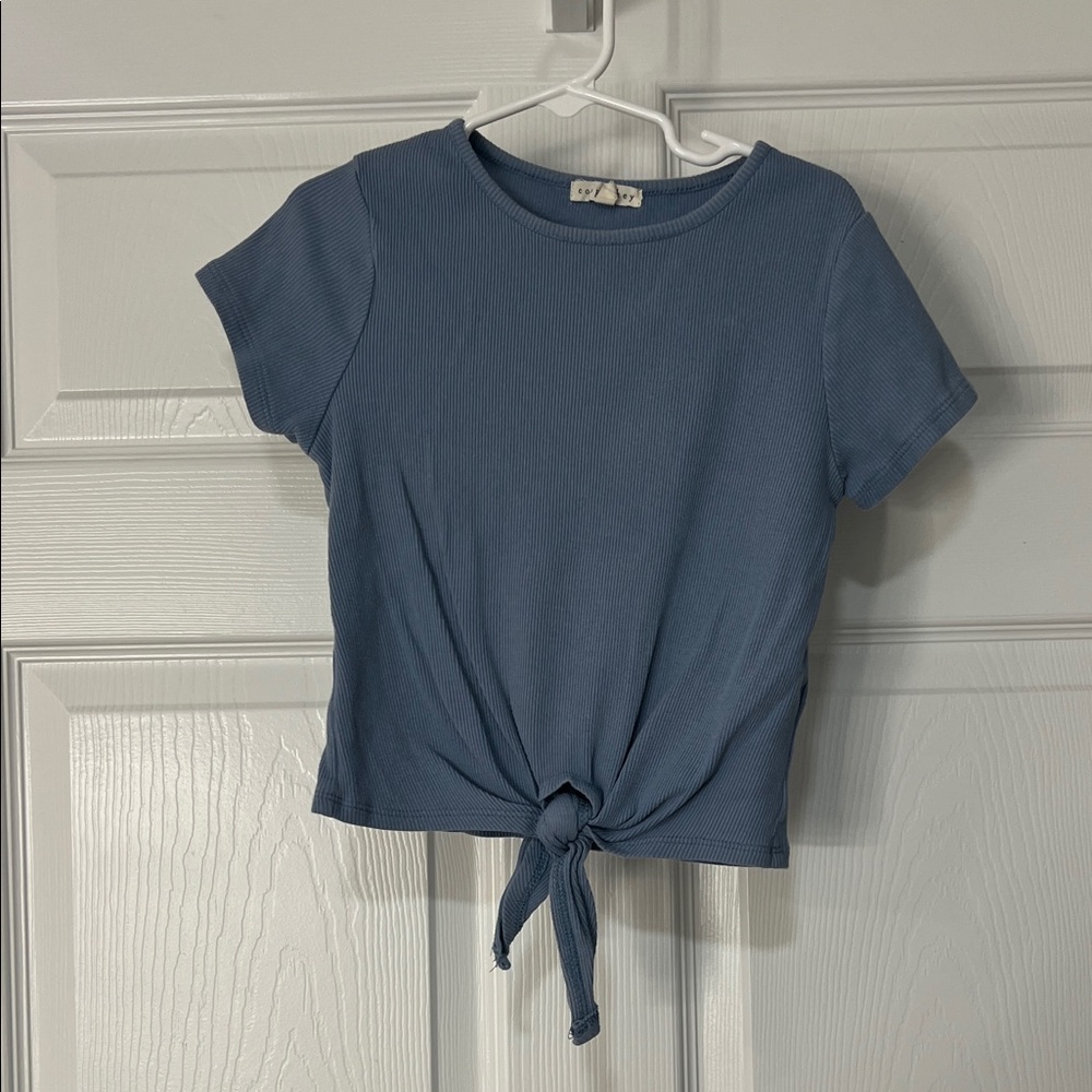 Blue Tie-Front Ribbed Top